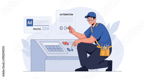 Technician operating automation control panel, industrial process, technology concept