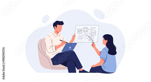 Therapist and patient discussing a mind map on a whiteboard during a session