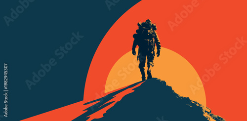 Mountain Climber Reaching Peak at Sunset