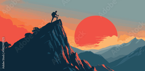 Mountain Climber Reaching Peak at Sunset