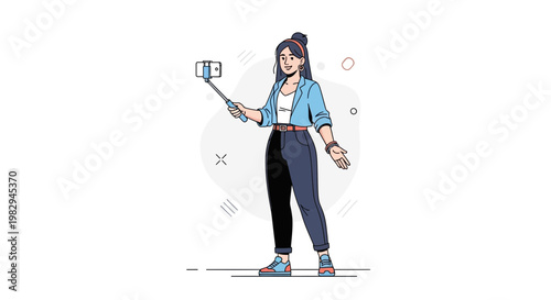 Young woman taking selfie with smartphone and selfie stick, modern flat illustration