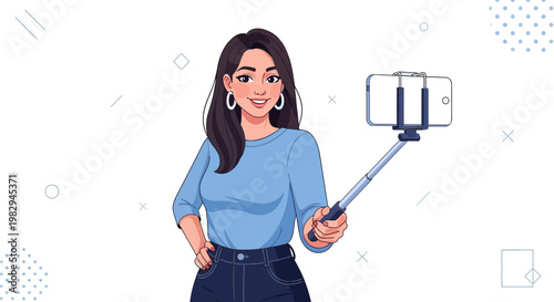 Young Woman Taking Selfie with Smartphone on Selfie Stick, Vlogger Lifestyle, White Background