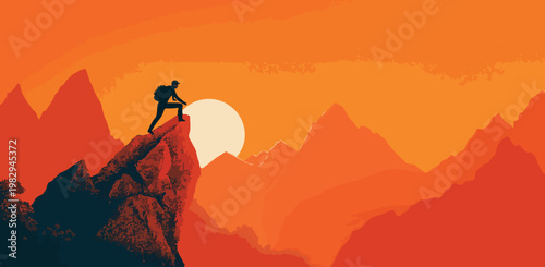 Mountain Climber Reaching Peak at Sunset
