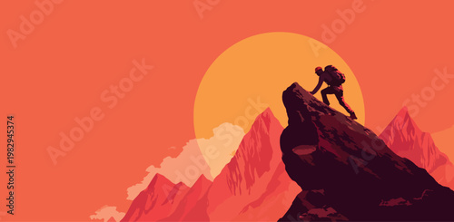 Mountain Climber Reaching Peak at Sunset