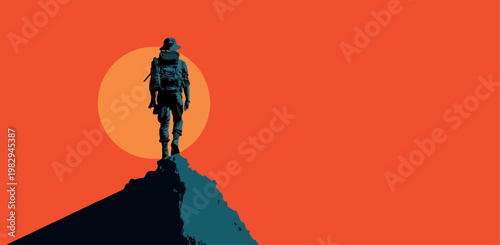 Mountain Climber Reaching Peak at Sunset