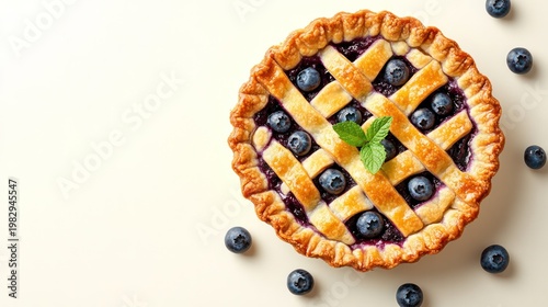 Delicious Blueberry Pie: A beautifully crafted blueberry pie, complete with a lattice crust and a sprig of mint, sits invitingly on a simple, elegant surface, surrounded by fresh blueberries.