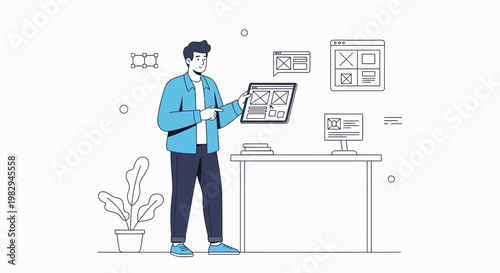 Web designer planning website interface on tablet, digital design concept