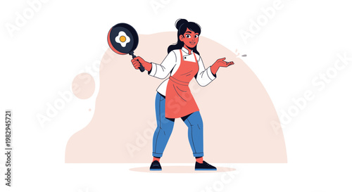 Woman chef cooking fried egg in pan, healthy breakfast, kitchen, food preparation