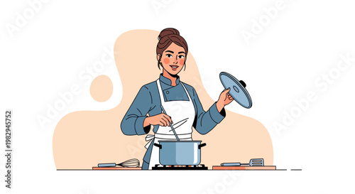Woman chef cooking in kitchen, stirring pot on stove with lid off