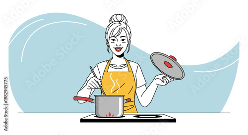 Woman Cooking in Kitchen, Stirring Pot on Stove, Cheerful Expression