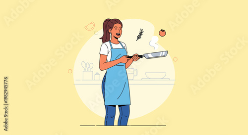 Woman Cooking in Kitchen with Frying Pan, Healthy Food Preparation