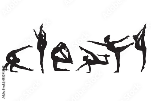 Vector illustration of black silhouettes featuring a group of people and women in action poses including ballet, yoga, and gymnastics for fitness and sports art