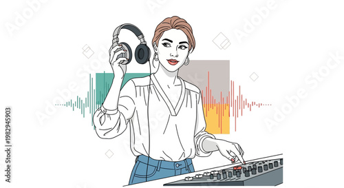 Woman DJ with Headphones and Sound Mixer, Music Production, Audio Engineering