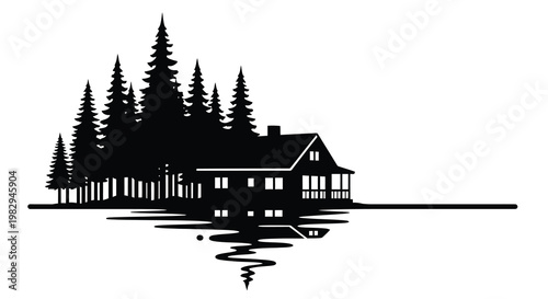 A silhouetted cabin nestled among tall evergreen trees by a still lake