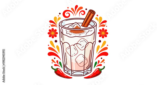 Refreshing Horchata drink with cinnamon stick, ice, and chili peppers illustration