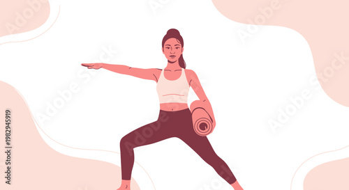 Woman doing yoga warrior pose with yoga mat, healthy lifestyle concept