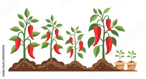 Red Chili Pepper Plants Growing in Soil and Pots, Organic Garden Vegetables