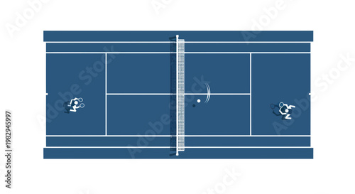 Top View Tennis Match on Blue Court with Players and Net