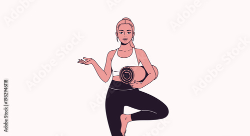 Woman in yoga pose holding a mat, healthy lifestyle, fitness, wellness
