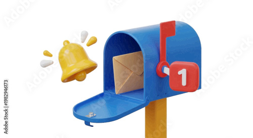 Vector illustration of 3d rendering of a blue mailbox with a notification bell and letter on a transparent background