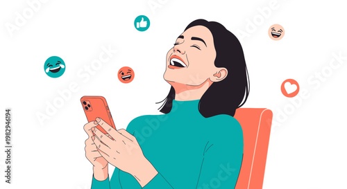 Woman Laughing While Looking at Her Phone with Social Media Icons Floating Around