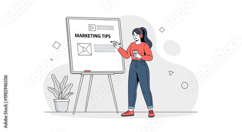 Woman Presenting Marketing Tips on Whiteboard with Email and Video Icons