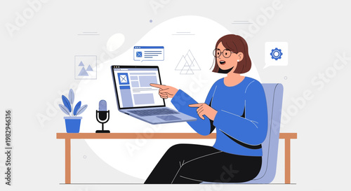 Woman presenting online course on laptop, remote work, digital learning, podcasting