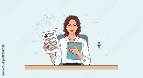 Woman presenting resume and holding folder, job interview, online meeting concept
