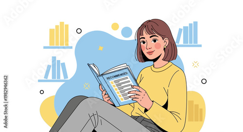 Woman Reading Book in Cozy Room with Bookshelves, Relaxed Lifestyle