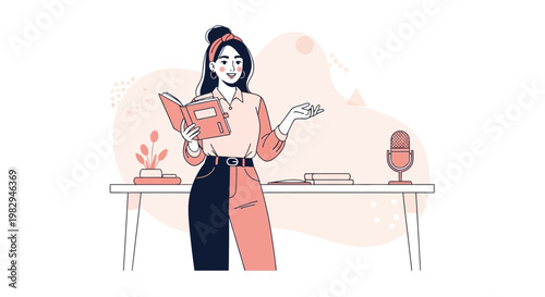 Woman reading book and speaking into microphone, podcasting, online education concept