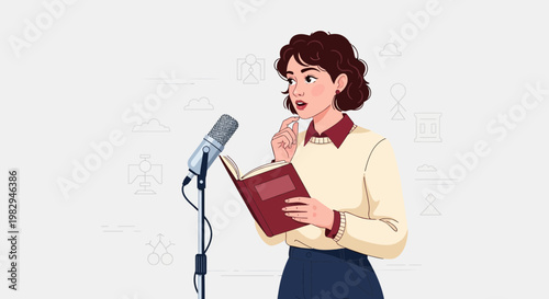 Woman Reading Book Near Microphone, Podcasting or Voiceover Concept