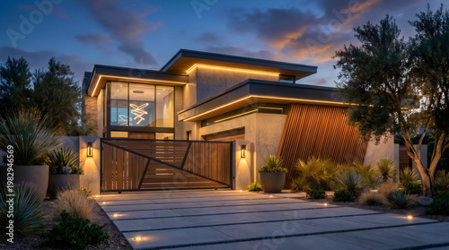 Contemporary home with unique wood slat accent and evening lights real estate contemporary