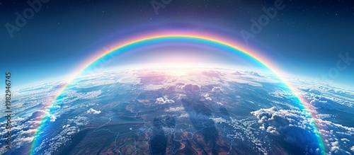 Panoramic View of Earth from Space with a Vibrant Rainbow