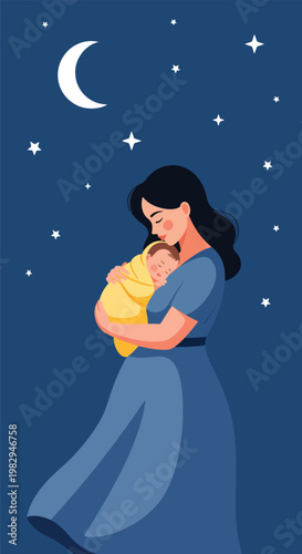 Woman in blue dress holding swaddled baby at night under moon and starry sky.