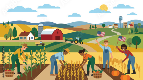 A cheerful, diverse group of farmers works together in a stylized landscape, tending to crops and holding American flags, symbolizing unity and harvest.