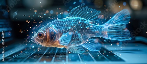 Glowing Digital Fish Swimming on Laptop Keyboard in Fantasy Setting