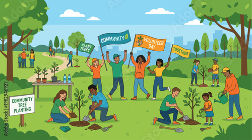 A diverse group of people and families are happily planting trees in a park on a sunny day, promoting environmentalism and community spirit.