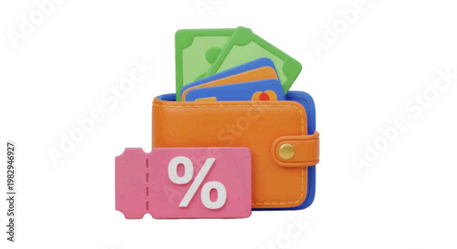 Vector illustration of 3d illustration of a wallet with money, credit cards and a discount coupon on a transparent background
