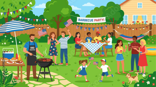 A diverse group of adults and children celebrate summer with a backyard barbecue, featuring food, drinks, flags, and games, creating a joyful and communal atmosphere.