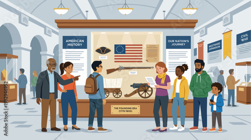 A multicultural family learns about American history at a museum, observing artifacts from the founding era, creating an educational and engaging experience for all ages.