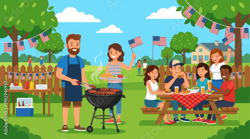 A diverse group of people enjoying a summer barbecue in a backyard decorated with American flags and bunting under a bright blue sky.