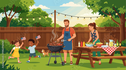 A happy family enjoys a summer barbecue in their backyard, with kids holding American flags, a dog, and festive string lights overhead.