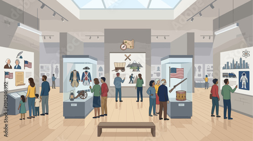 Diverse groups of people explore different historical and scientific exhibits in a bright, modern museum hall, learning and engaging with displays.
