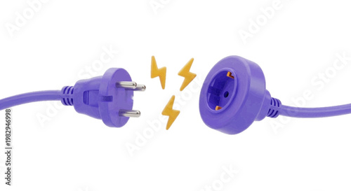 Vector illustration of purple electric plug and socket disconnected with lightning icons on a transparent background