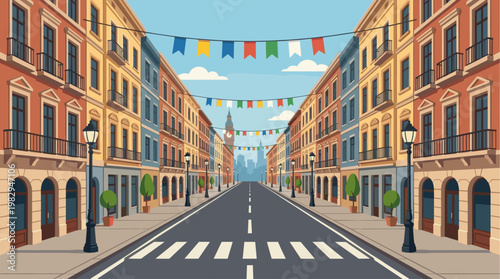 An idyllic, flat illustration of a quaint European street lined with colorful buildings, lampposts, and festive bunting, leading to a distant city skyline.