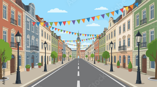 A vibrant, cartoonish illustration of a European street lined with colorful buildings and decorated with festive bunting under a bright blue sky.