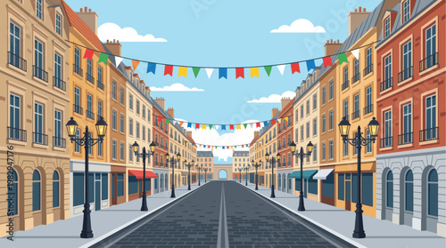 An empty, charming European street is adorned with colorful bunting flags strung across the sky, creating a festive and inviting atmosphere for events.