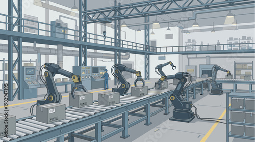 Industrial robots work in an automated factory, moving packages along a conveyor belt in a clean, modern production facility.