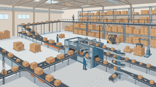 A wide shot of a modern warehouse interior with multiple conveyor belts moving cardboard boxes, automated machinery, and workers overseeing operations.
