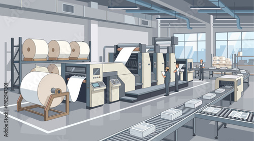 Industrial printing press machinery in a factory setting with workers overseeing the production of printed materials on a conveyor belt, representing manufacturing and logistics.
